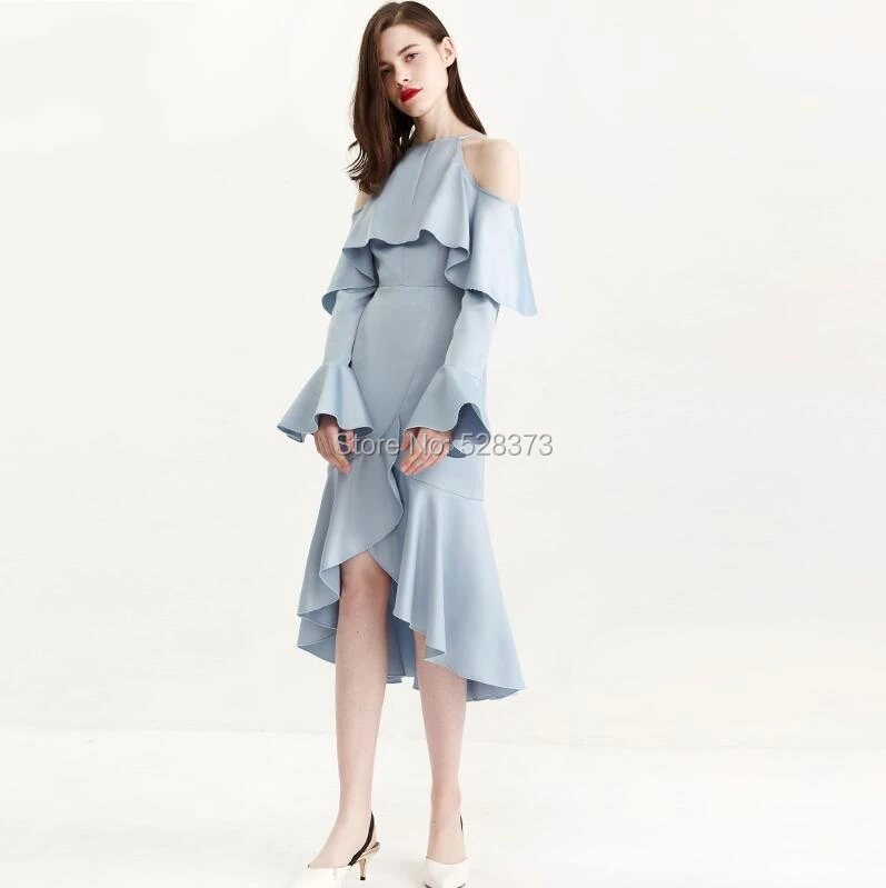 YNQNFS ED41 Robe De Soiree Vestidos Real Pictures Off Shoulder Long Sleeves Ruffles Party Bridesmaid High Low Dress Elegant