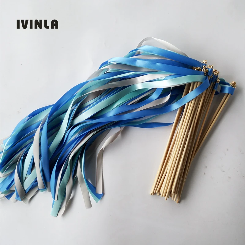 50PCS Green blue and grey  Wedding ribbon Wands with gold Bells for wedding decoration