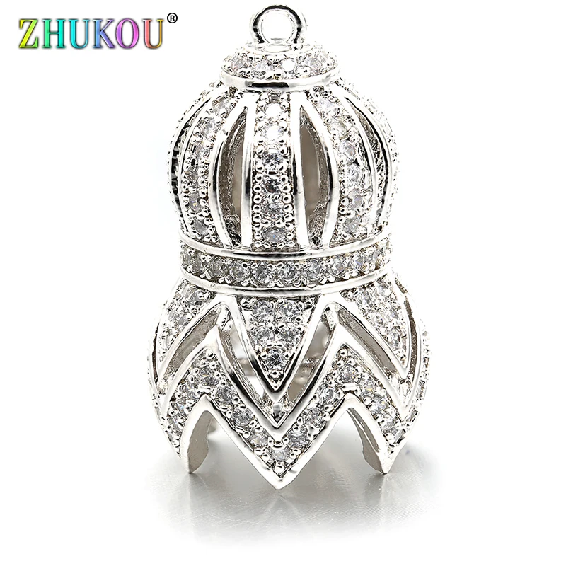16*26mm High Quality Brass Cubic Zirconia Tassel Caps Pendant Connector DIY Jewelry Findings, Hole: 1.5mm, Model:VM17