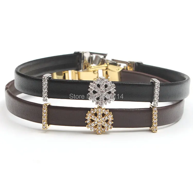 

Micro Pave Clear CZ Snowflake Arc Tube Strand Bracelet Stringed Leather Cord Fold Over Clasp Approx 6-8 Inches