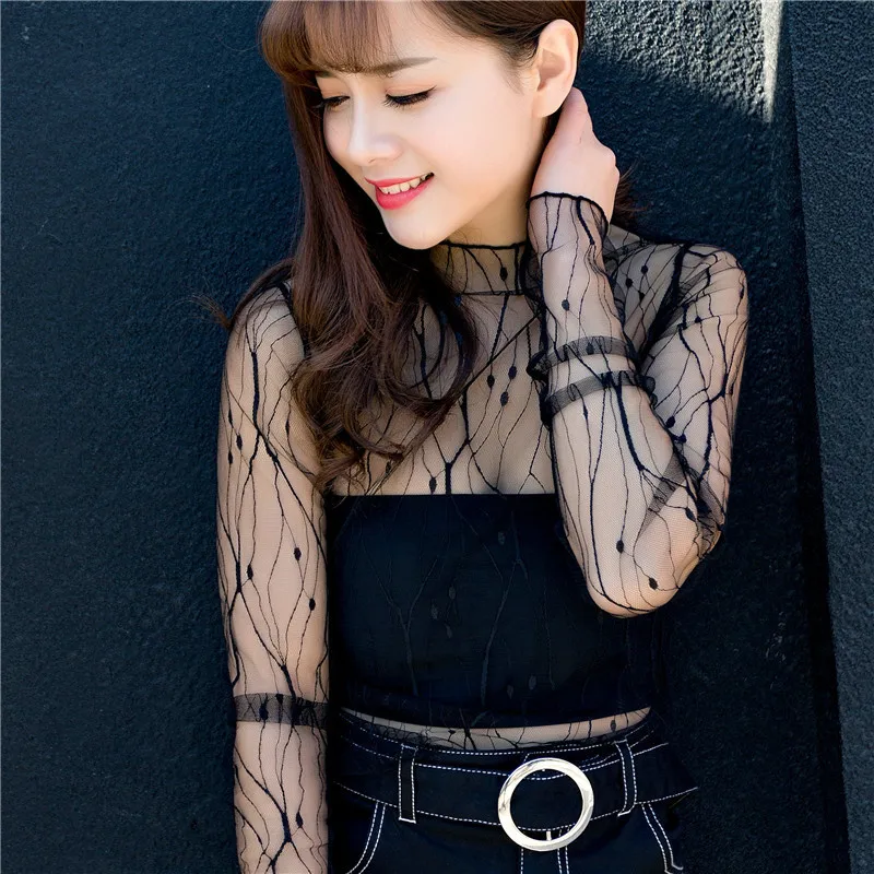 Women Sexy Mesh Blouse Black Tops Summer Long Sleeve Stand Collar Female Casual Elegant Hollow Out Ladies Dot Star Striped Shirt