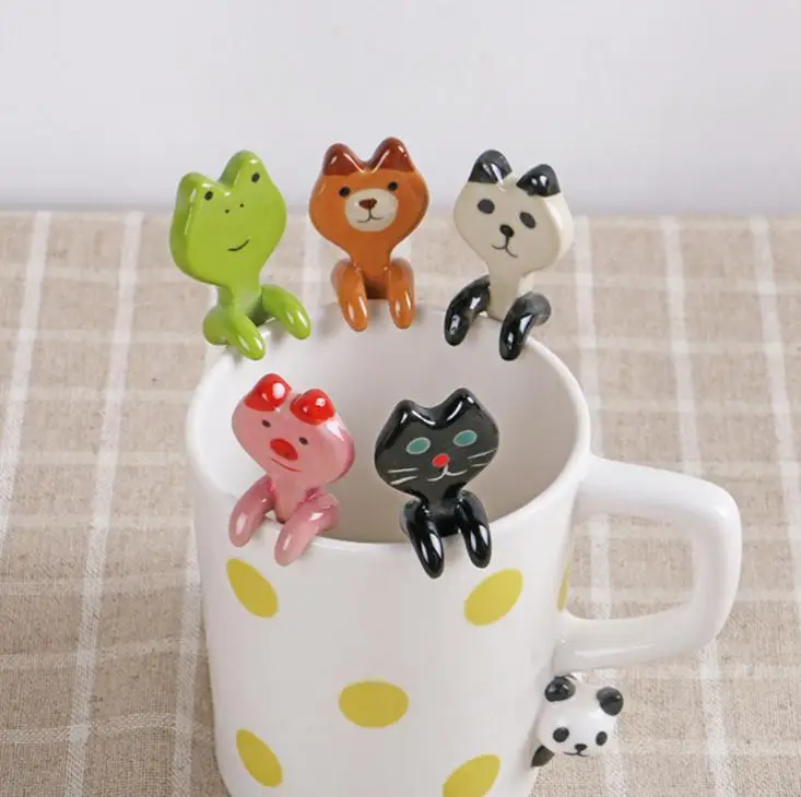 Cartoon Animal Hanging Spoon Ceramic Coffee Tea Sauce Spoon Scoop Stirring Panda Bear Frog Cat Spoon Tableware SN722