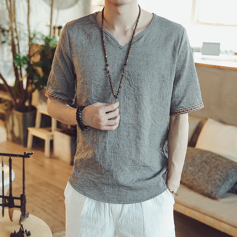 New Brand Chinese Style Tshirt Men Cotton Linen Short-sleeved T-shirt Male Loose Version Big Size 4XL 5XL Thin V-neck Tee Shirt