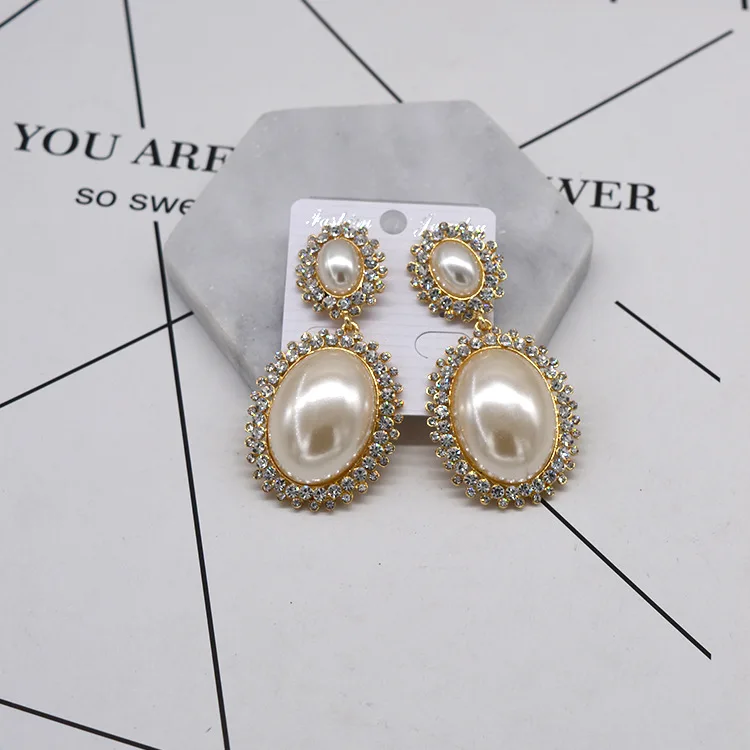 Vintage oval large pearl long earrings for woman Pendientes mujer серьги женские boucle d’oreille femmes