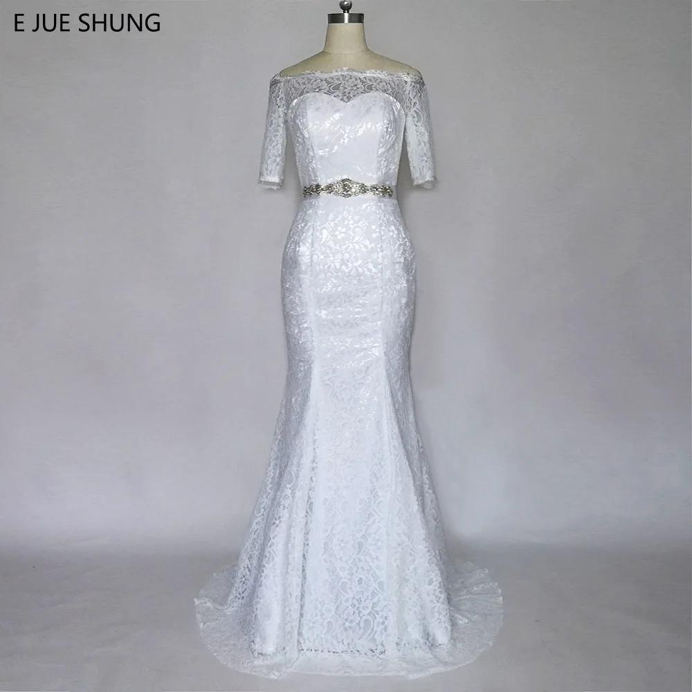 

E JUE SHUNG White Vintage Lace Mermaid Wedding Dresses Crystals Sash Half Sleeves Bridal Gowns Robe De Mariage