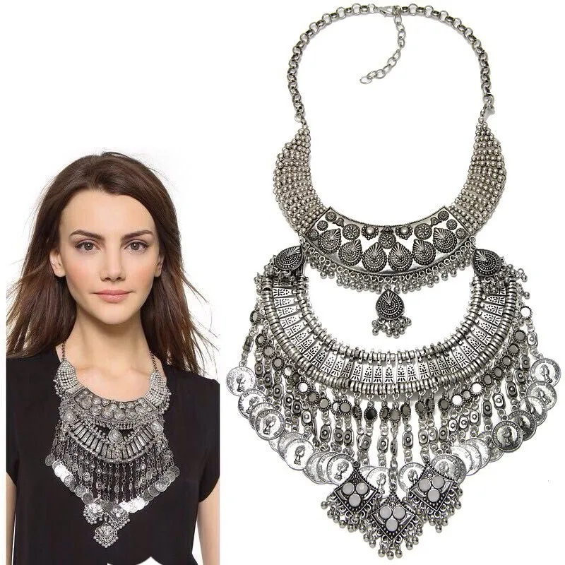 Indian Vintage Statement Silver Plated Choker Necklace Women Boho Ethnic Maxi Gypsy Large Collar Big Bib Necklace Jewelry 2024