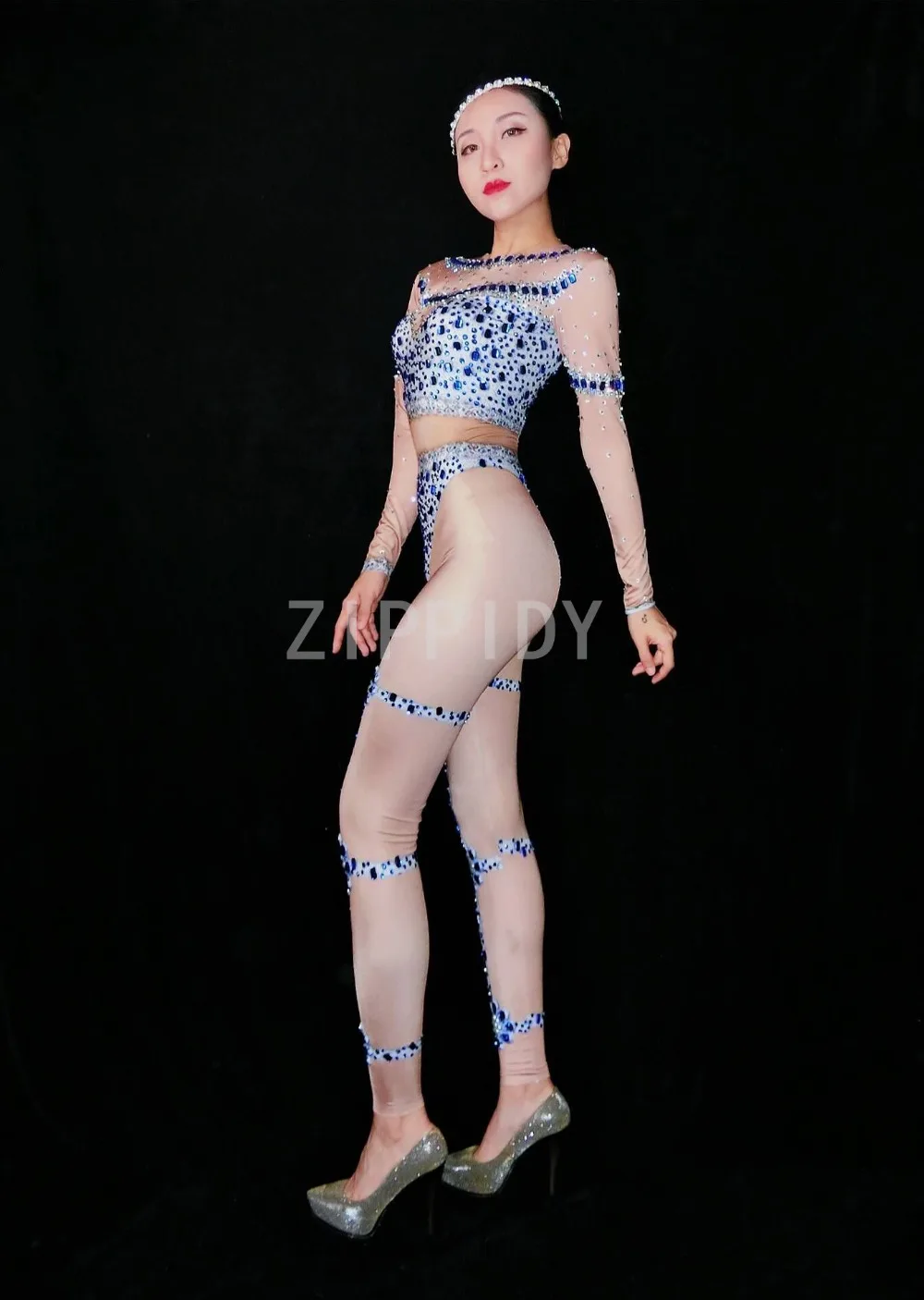 Mode sexy Sparkly Blau Strass Stretch Overall frauen Geburtstag Party Tanz Body Feiern Sänger Zeigen Kleidung