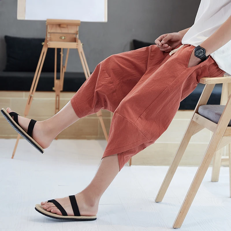 Vintage Summer Chinese style Men Loose Linen Shorts Knee Length Harem Pants Male Bermuda Casual Board Short Pants M-5XL