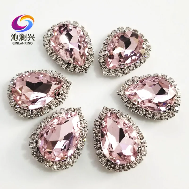 Top Grade Pink Color Glass Crystal Buckle, Drop Shape Sew on Rhinestones, Used for Needlework, Silver Bottom Sewing Accessories