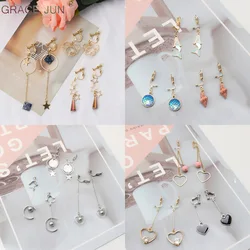 GRACE JUN 3 Pairs /set  Clip on Earrings Non Pierced for Women Luxury Geometric Clip Earrings Heart Flower Tassel Cuff Earrings