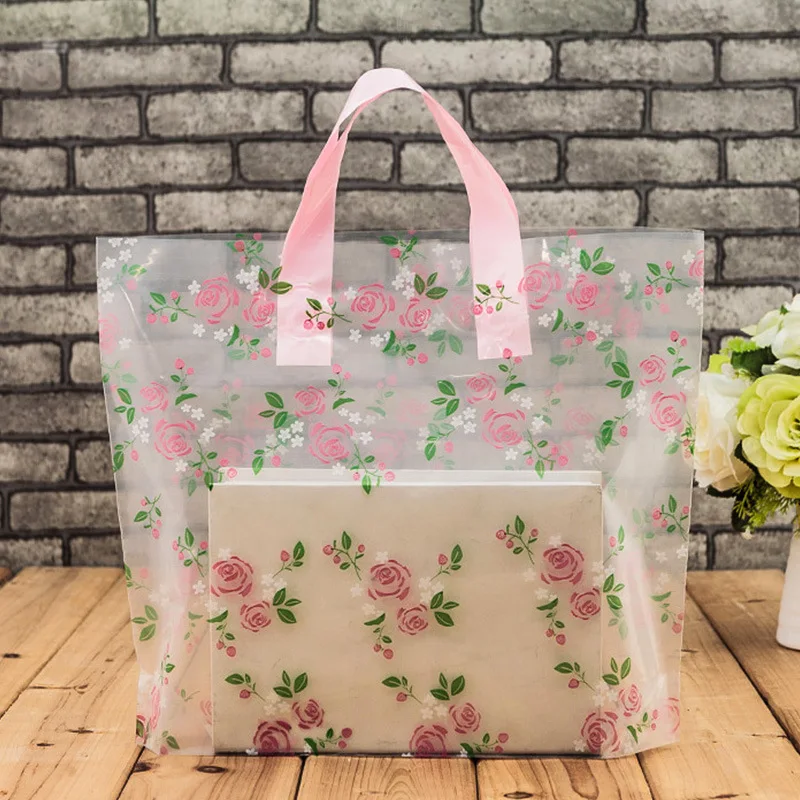 

200pcs/lot Clear Plastic Shopping Carrier Bags with Handle Gift Boutique Packaging Floral Rose Printed Large Cute 5 Sizes