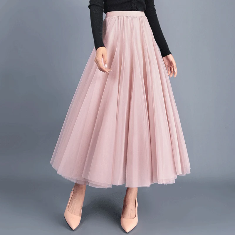 OHRYIYIE Beige Maxi Long Skirt Spring Autumn Womens 2023 New Summer Tulle Skirt Party Mesh A-line Skirts Female Jupe Longue