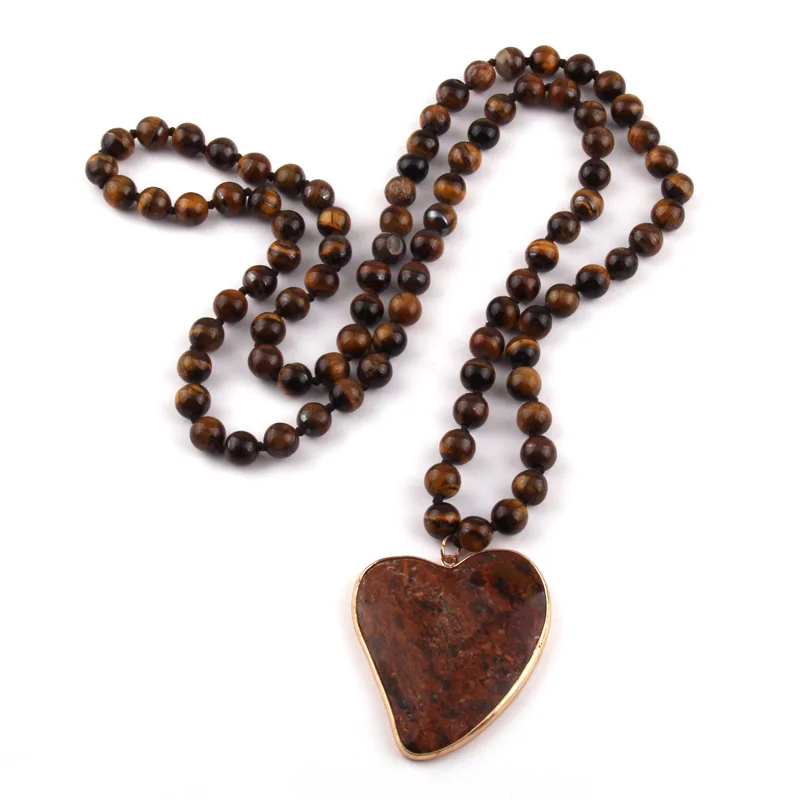 New Fashion Bohemian Jewelry Natural Tiger Eye Stone Knotted Brown Stone heart Pendant Women Necklace