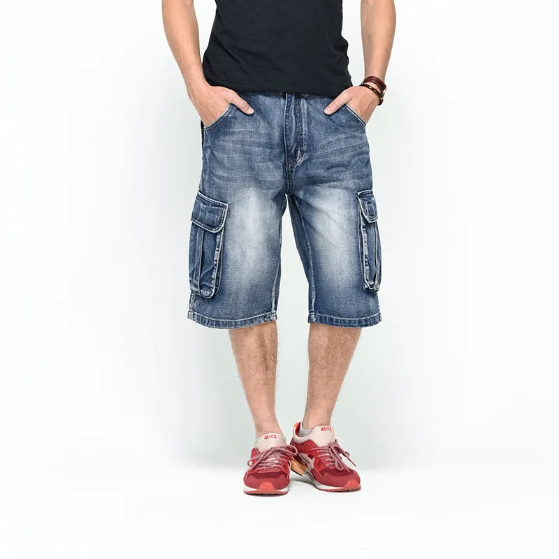 Summer Cargo Jeans Shorts Men Denim Shorts Pockets Straight Loose Board Street Hip Hop Harem Skateboard Trousers 30-46 YH