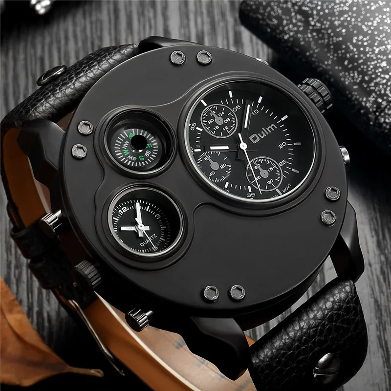 Oulm Fashion Men\'s Watches Black Leather Dual Time Zone Wristwatch Male Quartz Big Size Luxury Military Watch Dropshipping