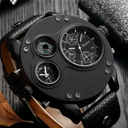 Oulm Fashion Men's Watches Black Leather Dual Time Zone Wristwatch Male Quartz Big Size Luxury Military Watch Dropshipping