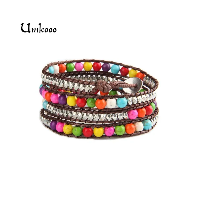 Rainbow Howlite beads Wrap Bracelet Wholesale Handmade Wrap Immitation Leather & Wax Fashion Bracelet Dropshipping