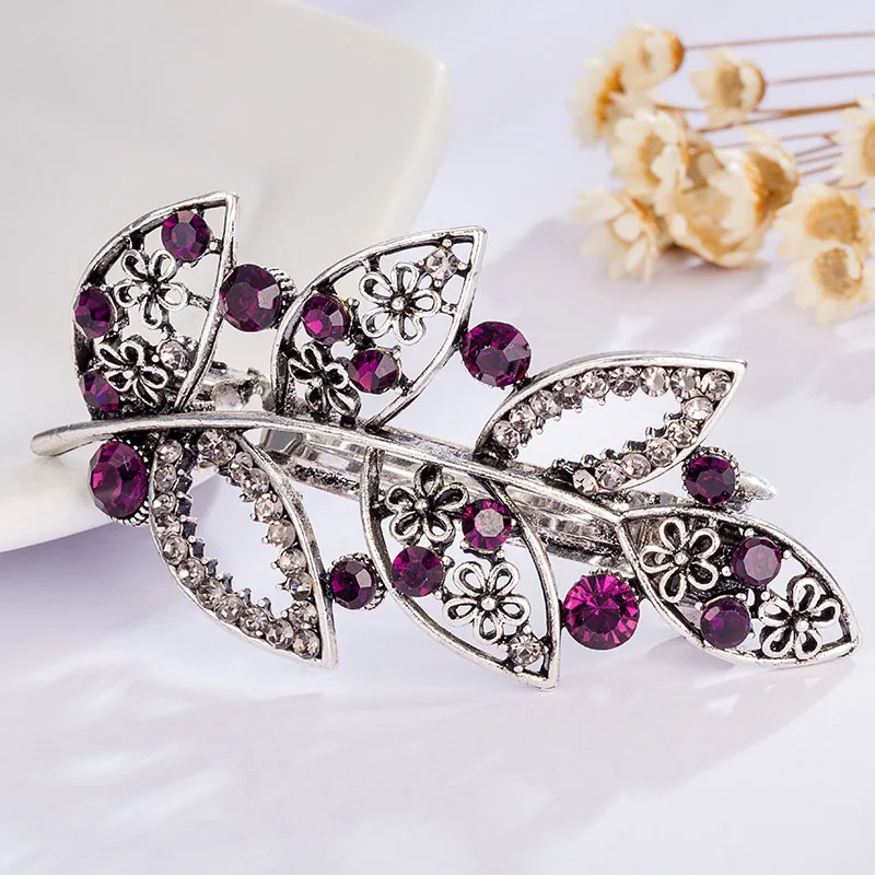 EASYA Blue Purple Crystal Leaf Barrettes Hairwear Hair Accessories Vintage Rhinestone Leaves Hairpin Clips Ornaments