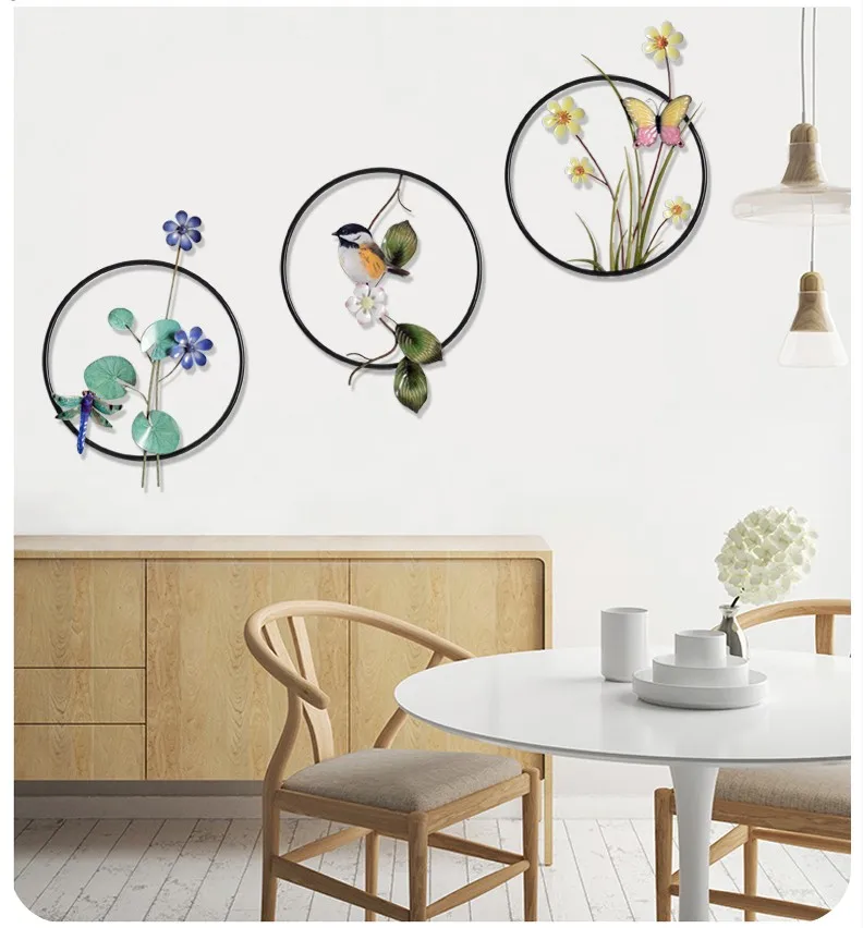 

Modern Wrought Iron Round Flower Birds Wall Decoration Pendant Livingroom Background Wall Hanging Crafts Hotel Porch Wall Murals