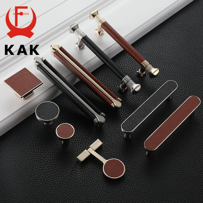 KAK Vintage Leather Cabinet Knobs and Handles Wardrobe Kitchen Cupboard Door Pulls European Zinc Alloy Furniture Handle Hardware