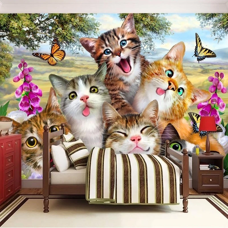 

Custom Wall Cloth 3D Cartoon Cute Cat Animal Wallpaper Mural Children's Kids Bedroom Backdrop Wall Covering Eco-friendly Decor