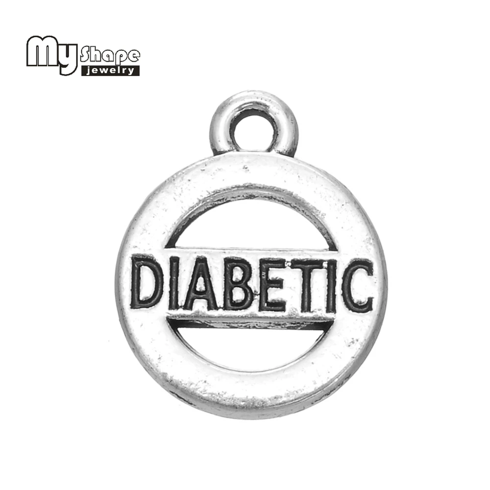 My Shape Antique Silver Plated DIABETIC Medical Alert Charms Pendant Round Circle Insulin Jewelry Alloy Metal Wholesale 30pcs