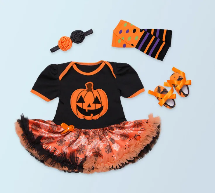 New Baby Girls Halloween gifts Infant pumpkin rompers dress toddler shoes flower headbands leg warmer 4 piece Kids clothing set