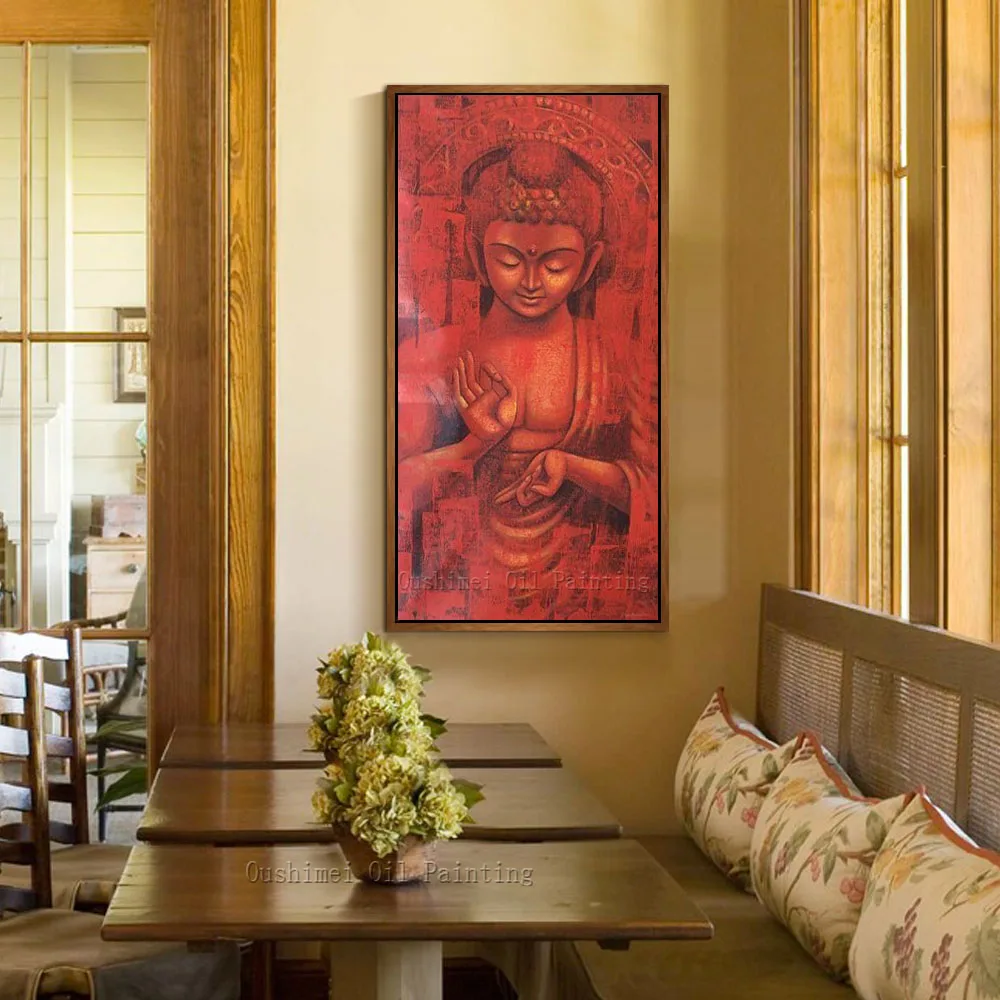 Rich Experienced Artist Handmade High Quality Long Size Buddha Oil Painting on Canvas Red Buddha Portrait Picture for Wall Art