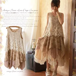 Japanese Summer Women Mori Girl Lolita Dress Lace Patchwork Sleeveless Floral Printing Female Harajuku Lovely Tank Dress A019