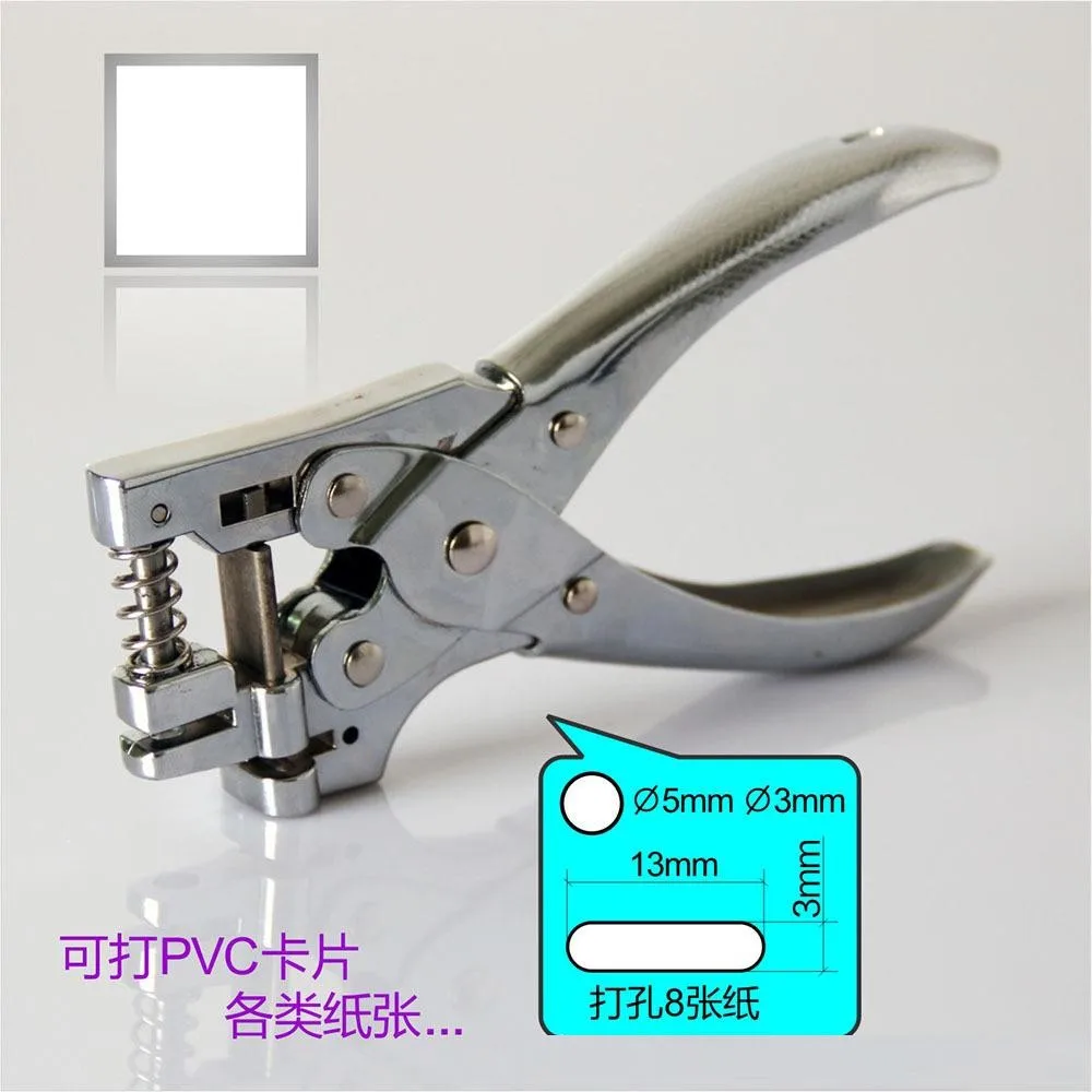 Silver ID Card Photo Badge Metal Hand Slot Puncher Hole Punch PVC Tag Office 3*13mm flat hole + 5mm round hole