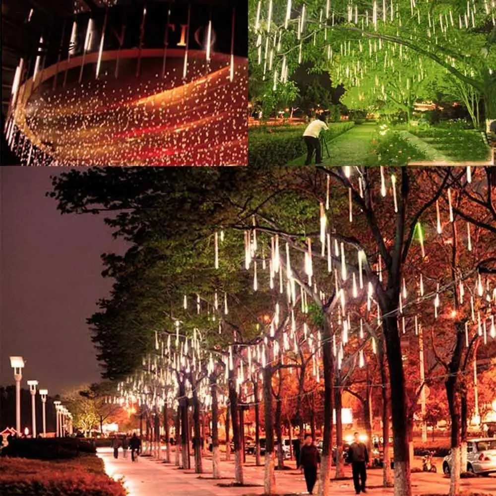 Tira de luces LED impermeables para decoración de fiestas de bodas, Navidad, Año Nuevo, 50cm, lluvia de meteoros al aire libre, Blanco cálido