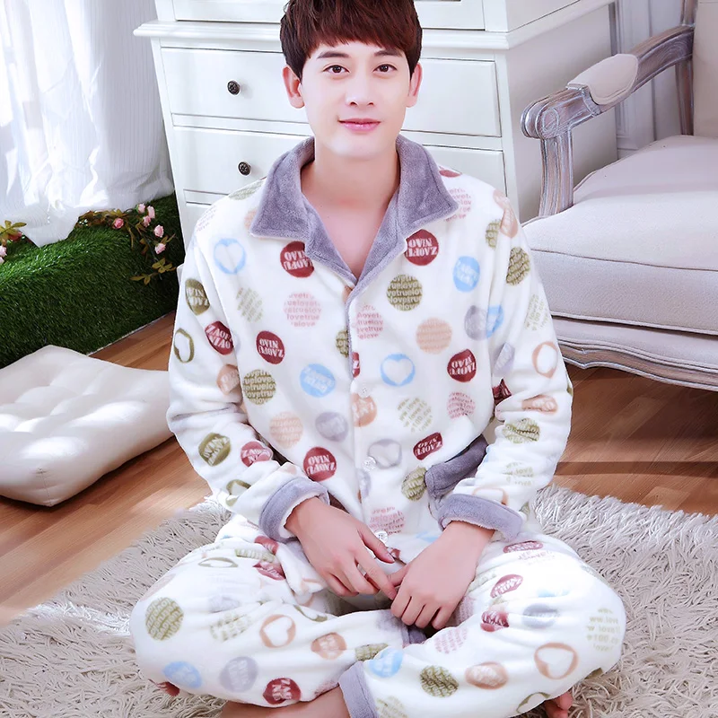 

Male Winter Flannel Sleepwear Thicking Mens Warm Pajamas Male Long Sleeve Coral Fleece Soft Homewear Plus Size D-2075