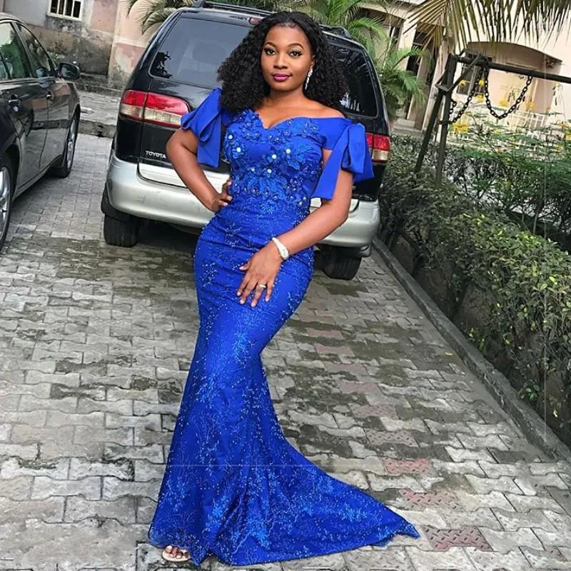 Elegant Royal Blue Long Prom Gowns Dress Mermaid African Nigeria Women Party Dresses Off Shoulder Evening Gowns Robe de soiree