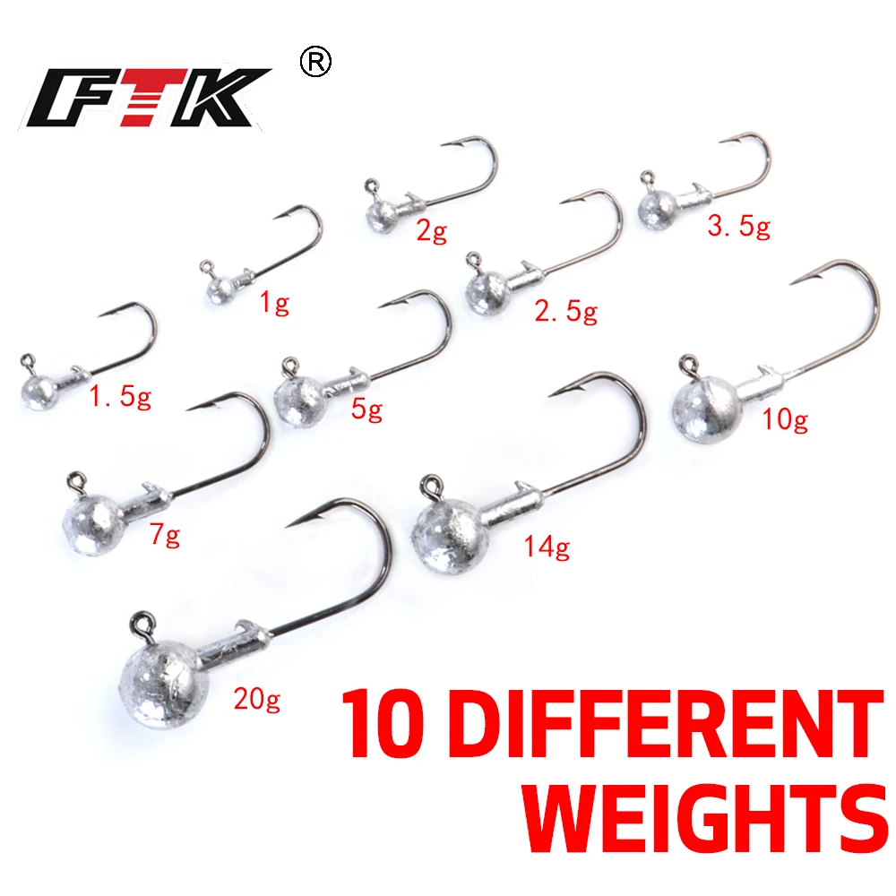 FTK Jig Head Fishing Hook For Soft Shad Lure 1.0g/1.5g/2.5g/3.5g/5g/7g/10g/14g/20g Strong Jigging Bait Lead Lure Fishing Tackle