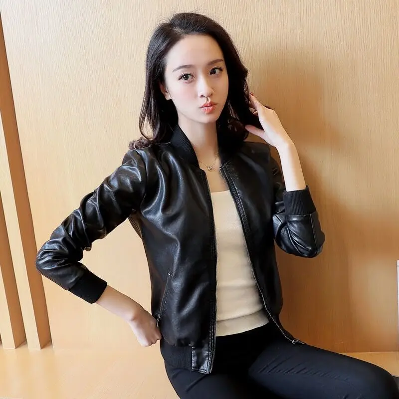 Leather jacket 2020 women\'s high waist PU leather jacket soft leather jacket Slim round neck motorcycle jacket black