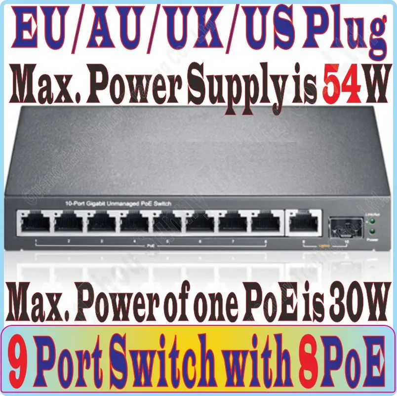 Max. 54W, 9 port 8 poe switch IEEE802.3af at PoE suit for all kind of poe camera or AP, Plug&Play, 1000Mbps port *1, SFP port *1