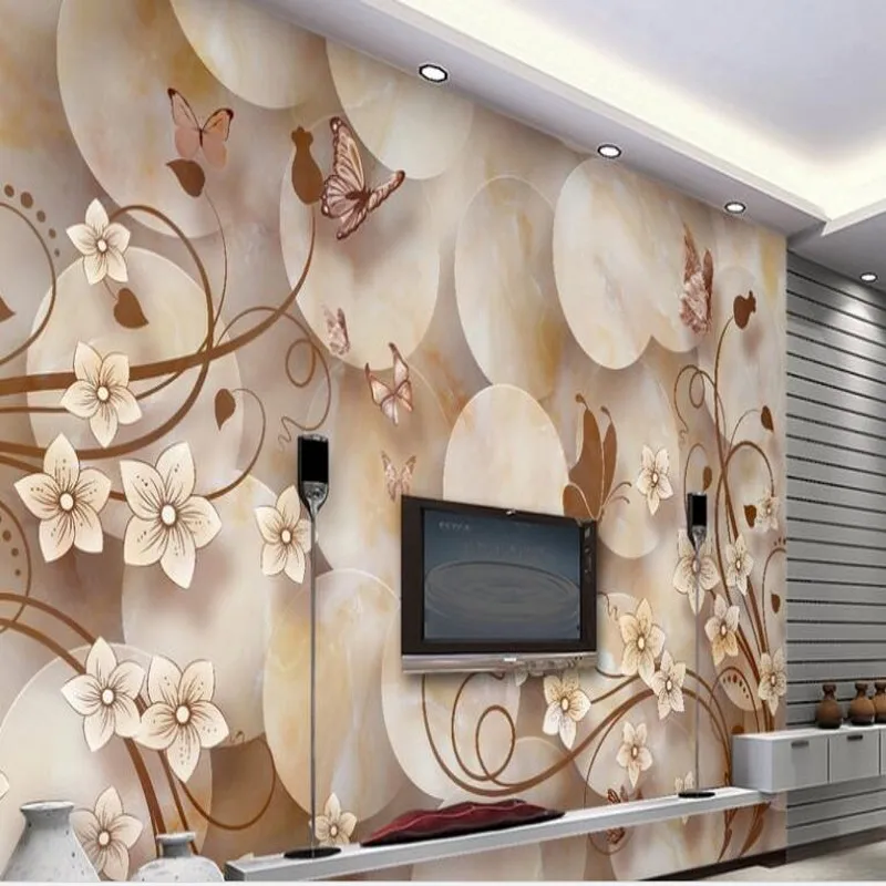 

wellyu Customized large - scale murals three - dimensional flowers butterfly 3D living room marble TV backdrop wallpaper