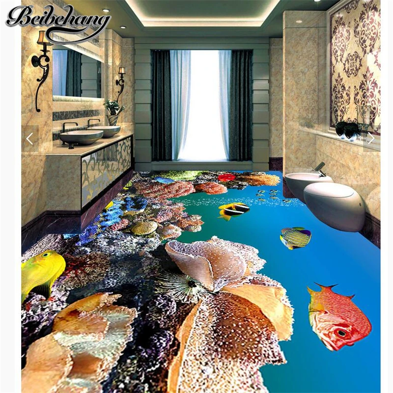 

beibehang Custom Photo Mural Wallpaper 3D Self Adhesive Floor Sticker Underwater World Colored Coral Small Fish Floor Tile