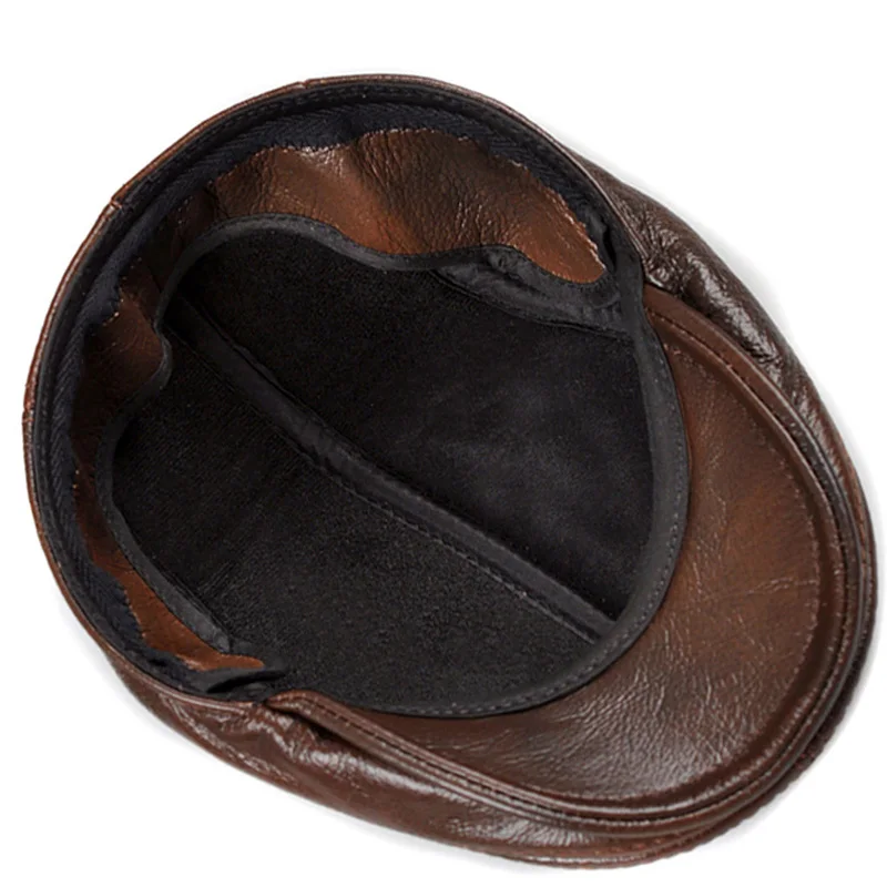 RY101 Men Genuine Leather Casual Warm Black/Brown Fitted Berets Hats Middle/Old Aged Boinas Para Hombres Forward Cap For Male