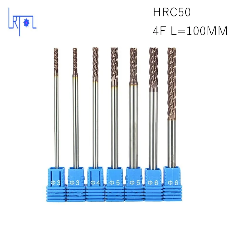 7PCS SET HRC50 D3 4 5 6*L100mm 4 Flutes extra long Tungsten Carbide flat square  End Mill Set CNC Tool milling cutter of machine