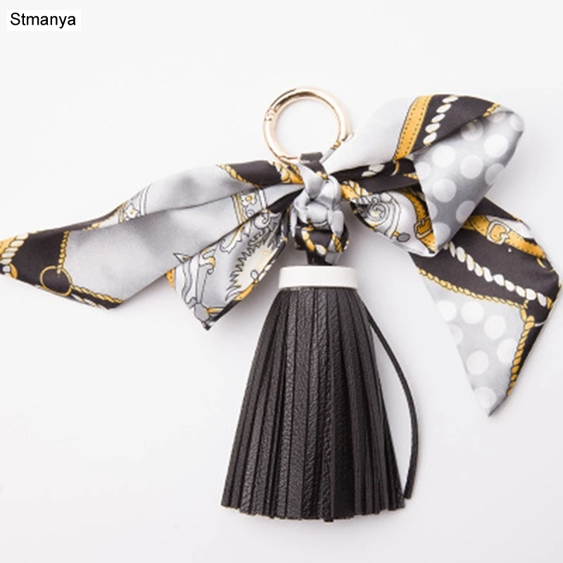 Lovely Soft leather tassels Keychain Bowknot scarf Pendant Bag Charm Accessories New Key Chain Fashion Car Key Holder K1690