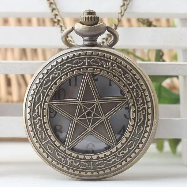 New Fashion Bronze Pentagram Hand Hollow out Wind Skeleton Pocket Watch Men Women Watch Chain Gift