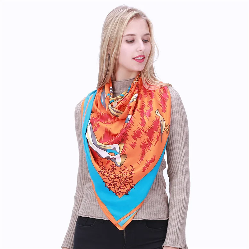 POBING 100% Twill Silk Women Scarf Euro Design Forest Animal Giraffe Print Neckerchief High Quality Lady Foulard Square Bandana