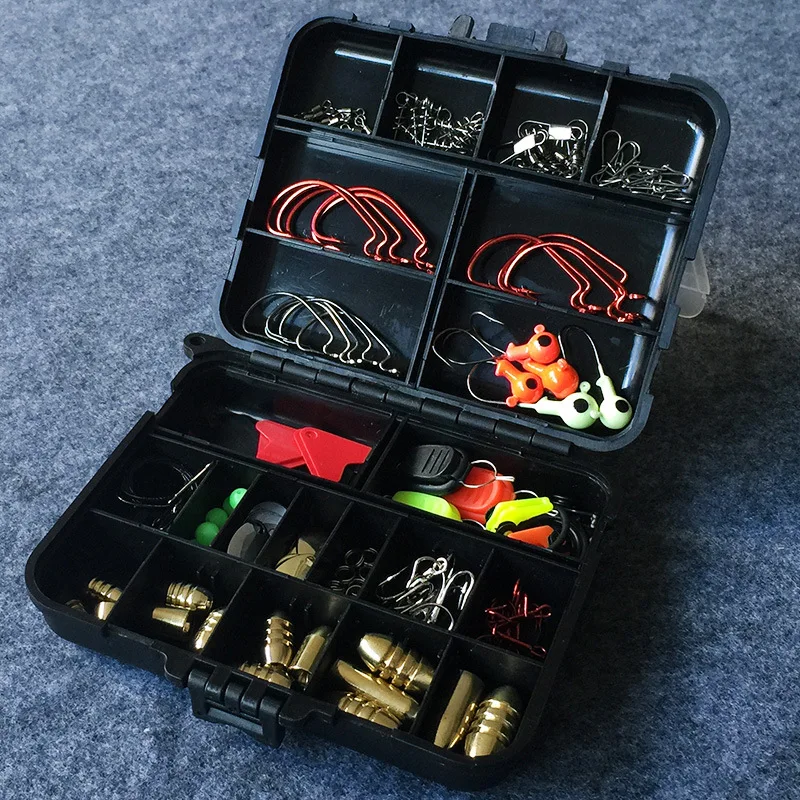 Rock Fishing Accessories Lure Kit 128 Pieces Set Worm Hook Rod Clip Balls Down Sinker Jig Head Connector  Ring Line Stop Spoons