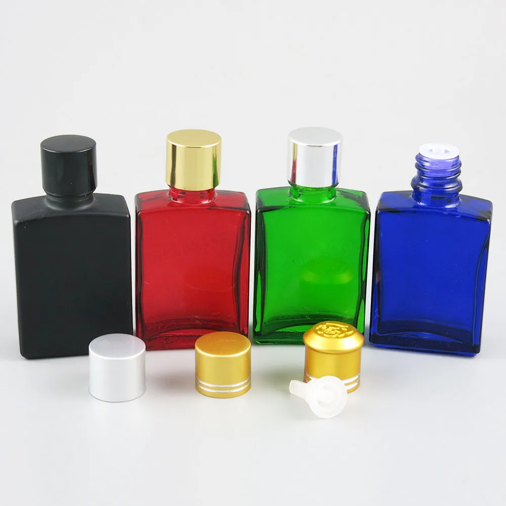 

200 x 30ml 1oz Flat Square Black white clear red blue green Glass Bottle With Silver Black Aluminium lids and Seal