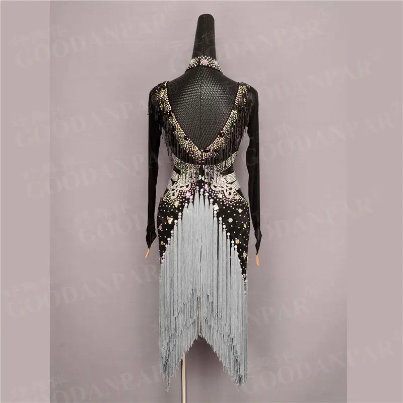 GOODANPAR Women Fringe Standard Latin Dance Dress Long Sleeve Bead Tube Rhinestone Samba Rumba Salsa Competition Costume