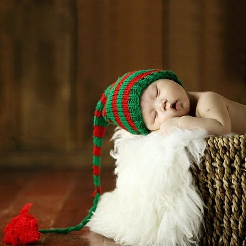 Newborn Winter Knitted Hat Red&White Christmas Baby Long Plait Beanie Cap Crochet Infant Santa Hat Photography Props