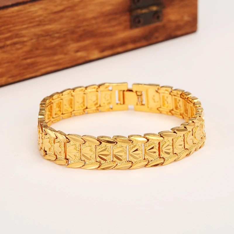 New eternal classics Wide Bracelet 24k Real Solid Yellow Gold GF Dubai Bangle Women Men's Trendy Hand Watchband Chain Jewelry