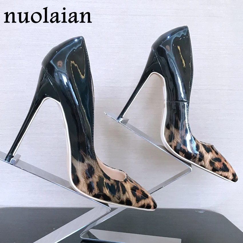 8/10/12CM Thin Heels Women High Heel Shoe Leopard Patent Leather Ladies Pump Shoes Woman Shallow Wedding High Heels Womens Pumps