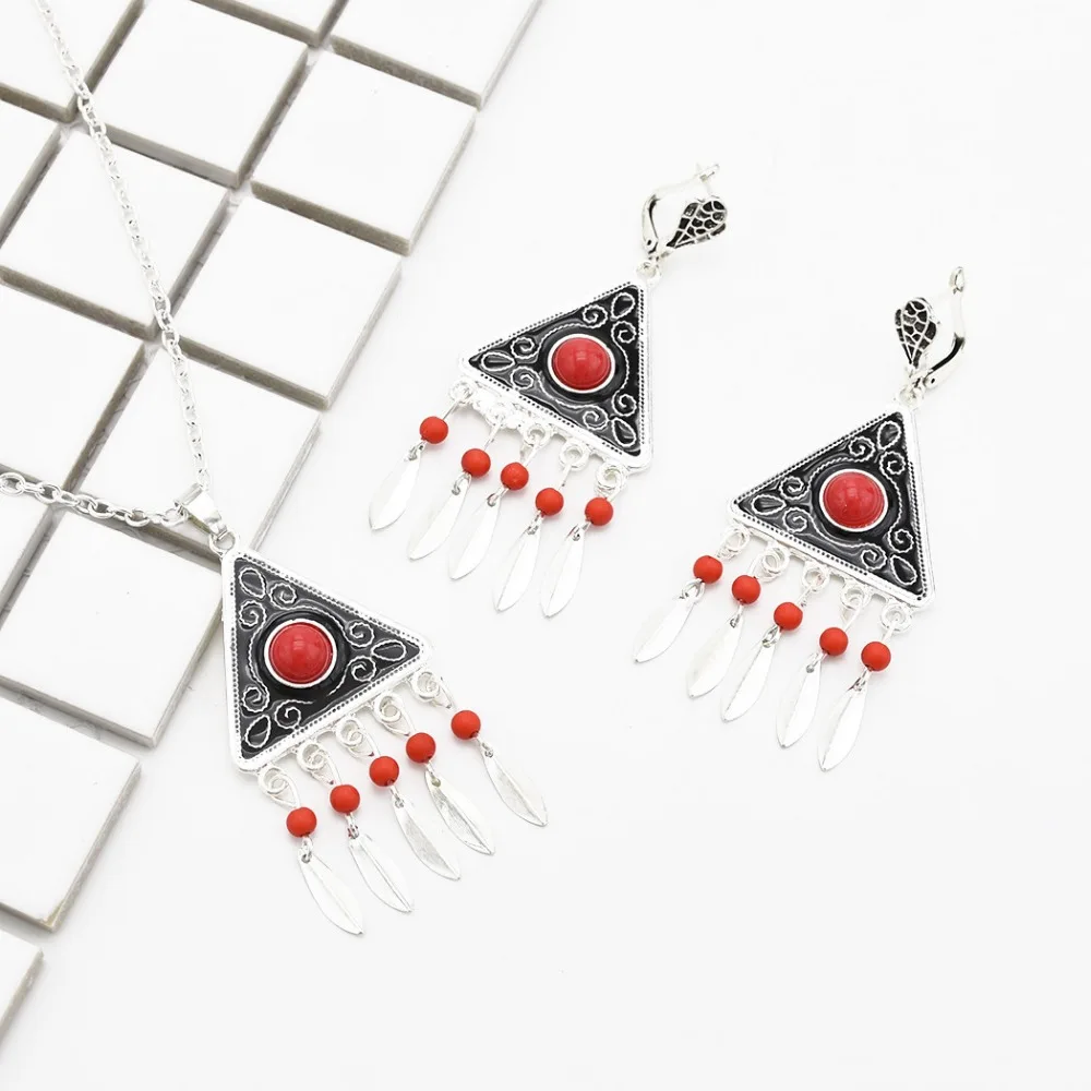 4 Styles Vintage Metal Green Red Beads Pendant Necklace Earrings Sets for Women Boho Turkish Charming Jewelry Set